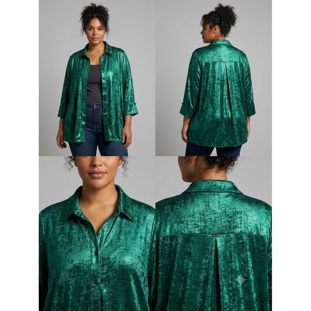NWT Ali Miles 1X Emerald Green Shimmer Chic Wired Collar Button Front Shirt Top